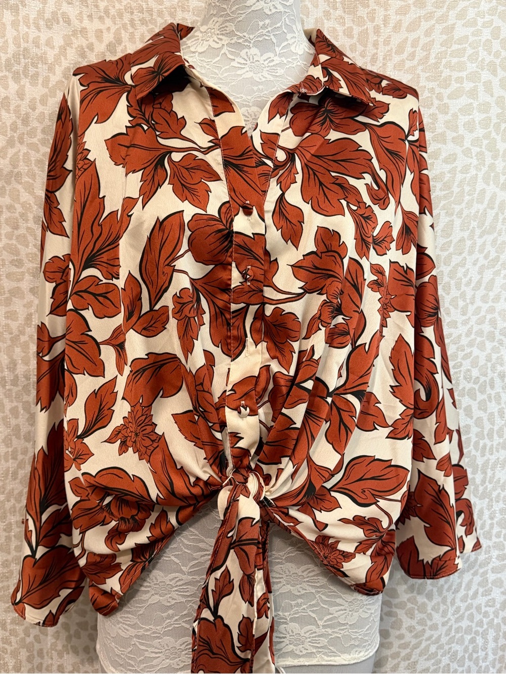 CeCe Women's Rust Floral Tie-Front Blouse